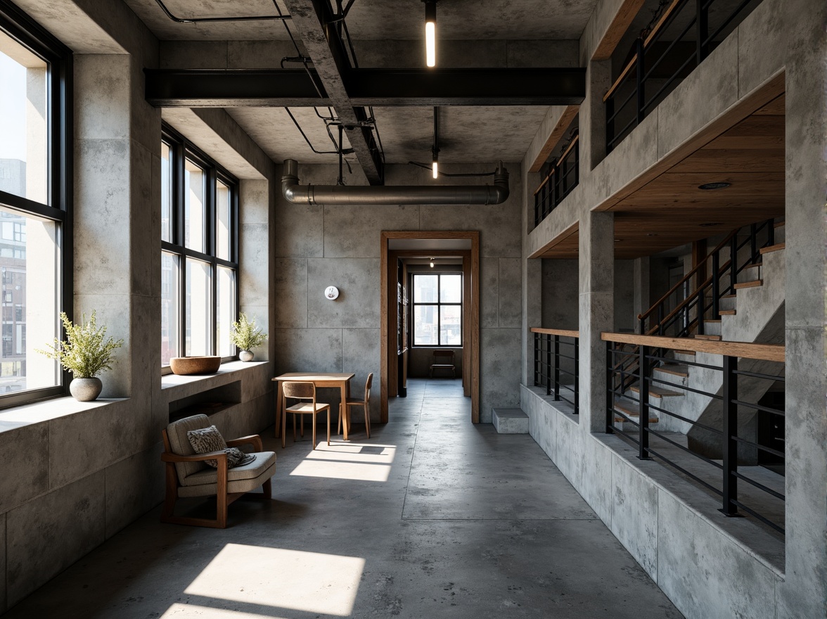 Prompt: Raw concrete walls, rugged textures, brutalist architecture, urban apartment building, industrial chic aesthetic, minimalist decor, functional simplicity, exposed ductwork, steel beams, industrial-style lighting, metal railings, raw wood accents, monochromatic color scheme, dramatic shadows, high-contrast lighting, cinematic composition, 1/2 camera angle, gritty realistic textures, ambient occlusion.