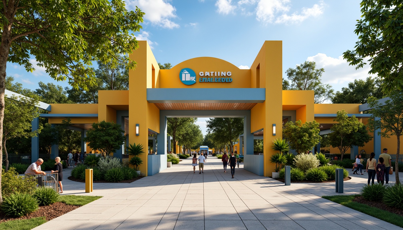 Prompt: Vibrant zoo entrance, streamline moderne architecture, bold primary colors, bright yellow accents, deep blue tones, natural wood textures, sleek metal railings, minimalist signage, lush greenery, tropical plants, sunny day, soft warm lighting, shallow depth of field, 3/4 composition, panoramic view, realistic animal textures, ambient occlusion.Please let me know if this meets your requirements!