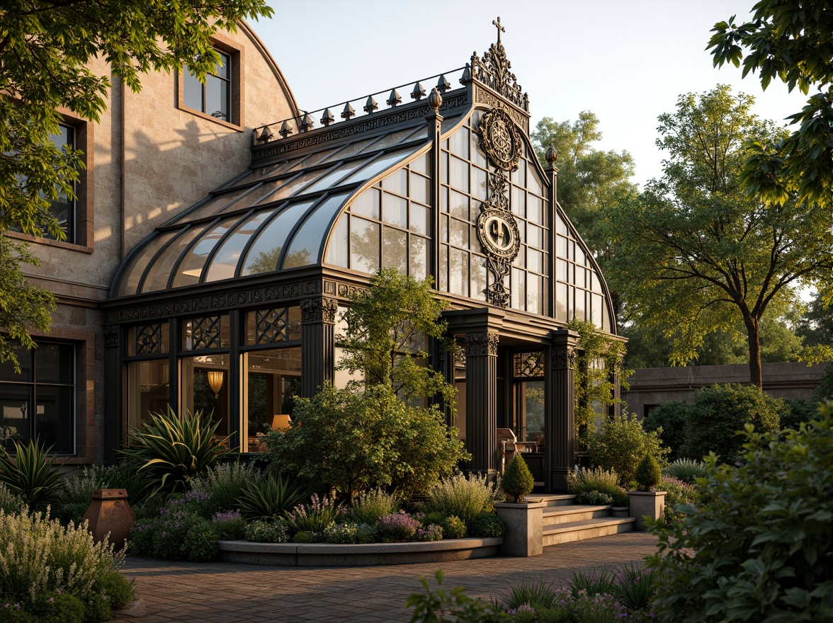 Prompt: Ornate greenhouse facade, lush greenery, elegant Victorian-era details, curved glass roofs, intricate metal frameworks, ornamental ironwork, soft natural light, warm earthy tones, rustic stone walls, climbing vines, blooming flowers, serene atmosphere, shallow depth of field, 1/1 composition, realistic textures, ambient occlusion.