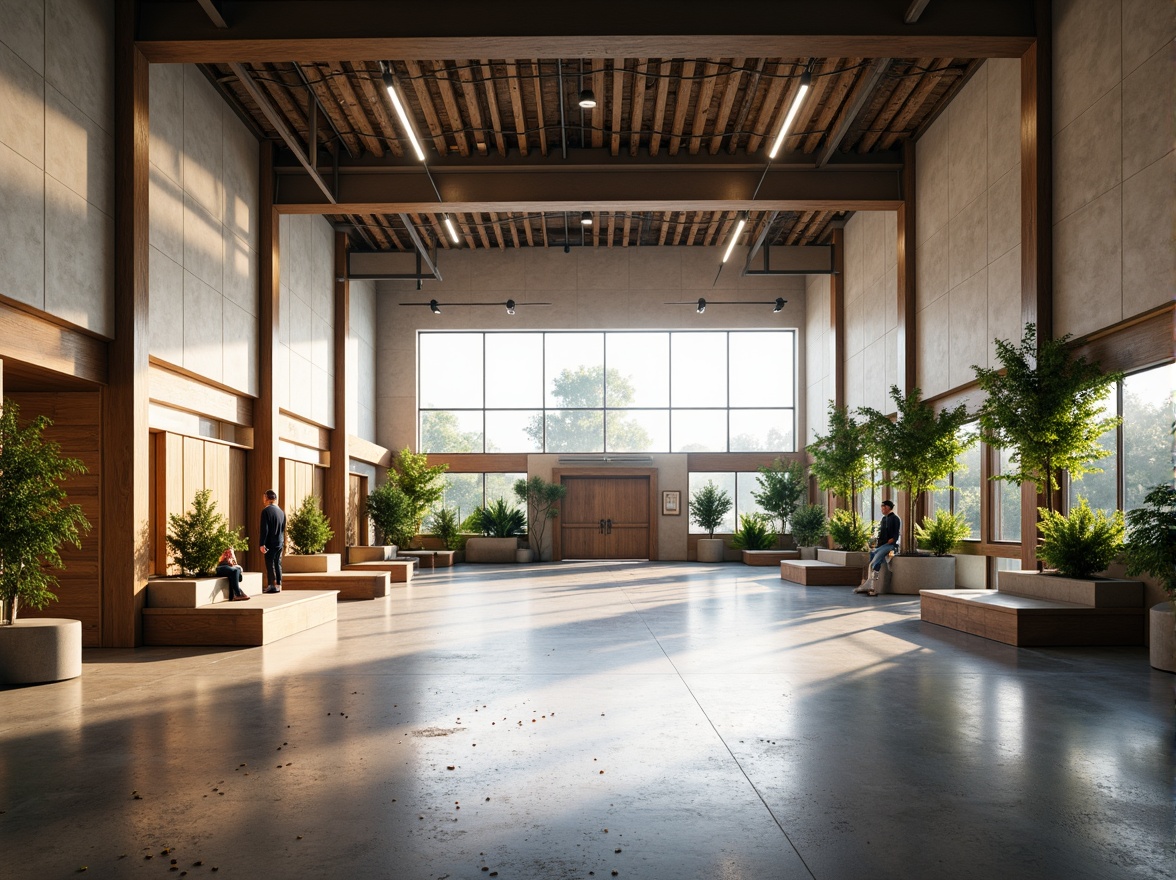 Prompt: Minimalist gymnasium interior, natural light pouring in, polished concrete floors, reclaimed wood accents, industrial metal beams, eco-friendly rubber flooring, energy-efficient LED lighting, recycled plastic benches, living green walls, air-purifying plants, calm atmosphere, soft warm glow, shallow depth of field, 1/1 composition, realistic textures, ambient occlusion.