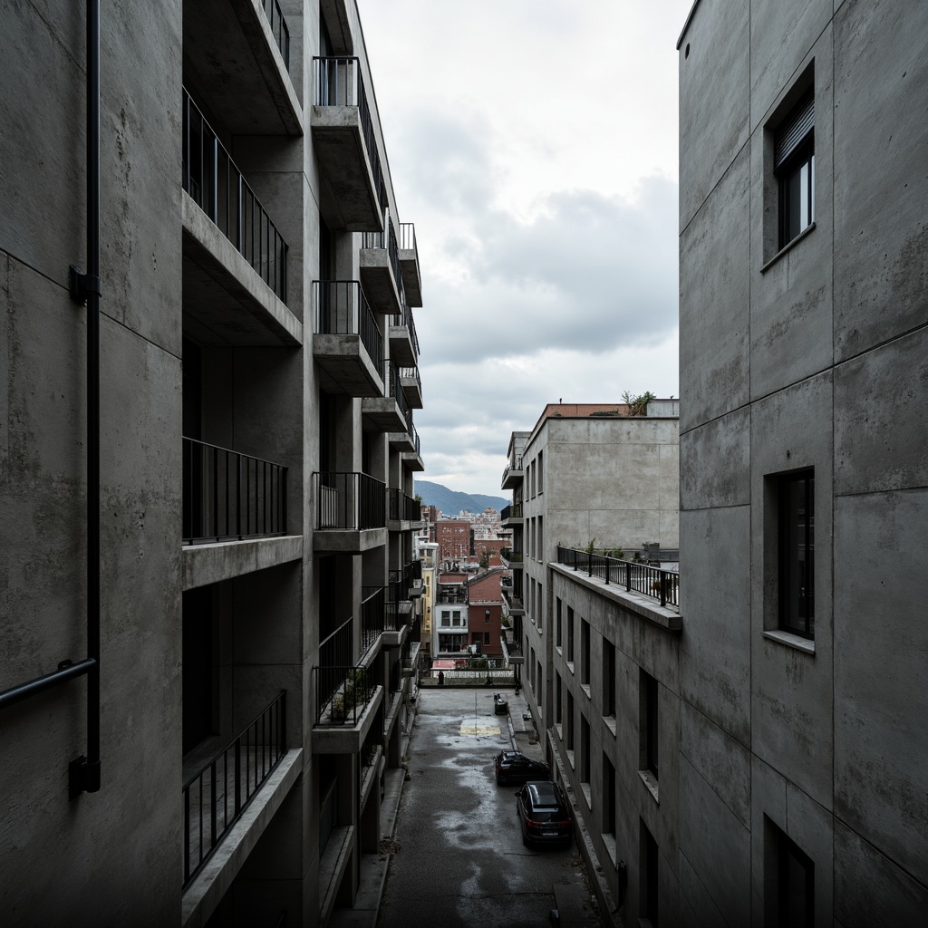 Prompt: Exposed concrete walls, rugged textures, industrial pipes, raw steel beams, minimalist balconies, brutalist architecture, urban cityscape, gloomy overcast sky, dramatic shadows, high-contrast lighting, bold geometric forms, functional simplicity, distressed finishes, poured-in-place concrete, cold monochromatic color palette, 1/1 composition, low-angle shot, cinematic atmosphere, gritty realistic textures.