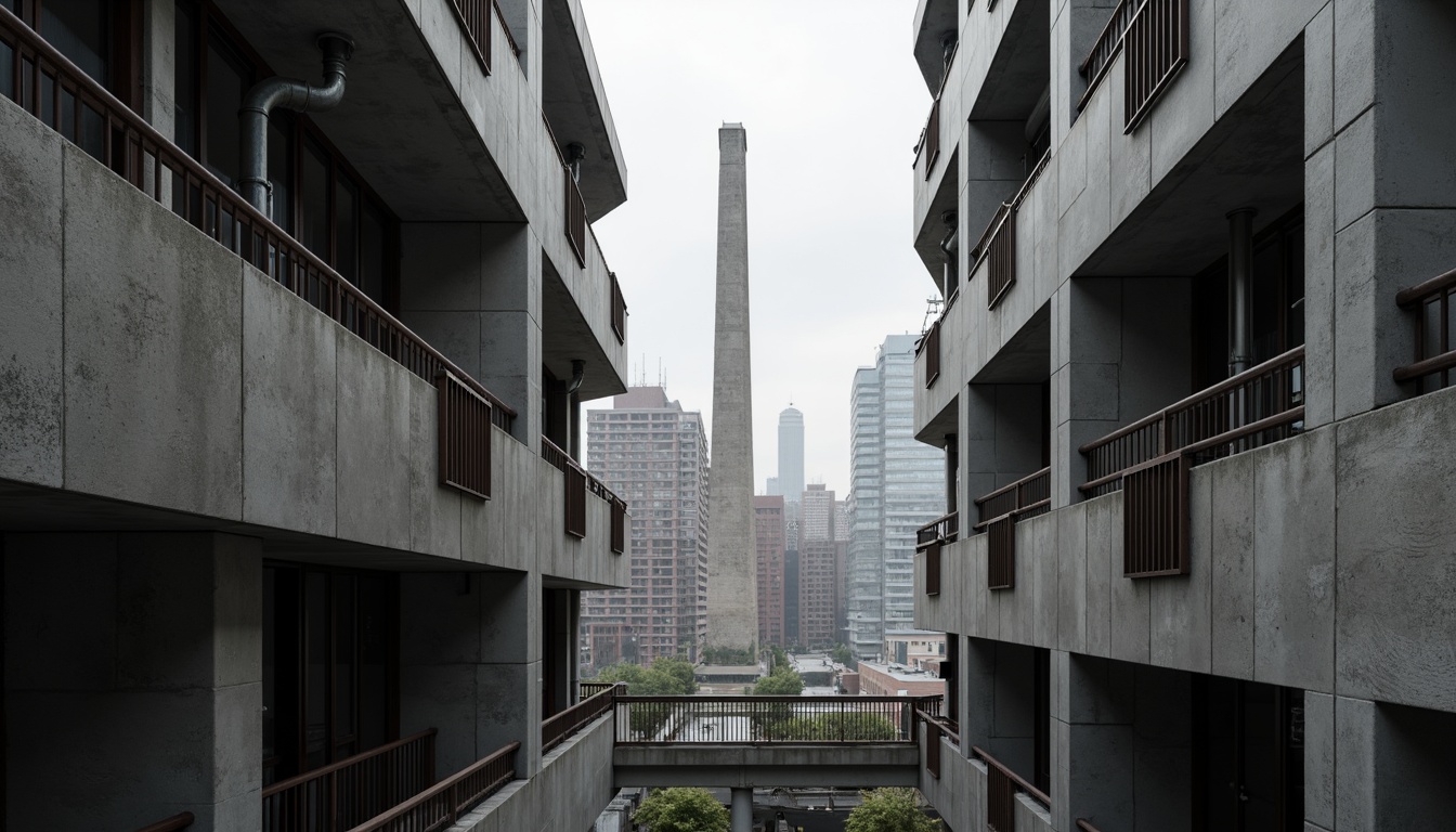 Prompt: Exposed concrete walls, rugged textures, industrial pipes, raw steel beams, minimalist balconies, brutalist architecture, urban cityscape, gloomy overcast sky, dramatic shadows, high-contrast lighting, bold geometric forms, functional simplicity, distressed finishes, poured-in-place concrete, cold monochromatic color palette, 1/1 composition, low-angle shot, cinematic atmosphere, gritty realistic textures.