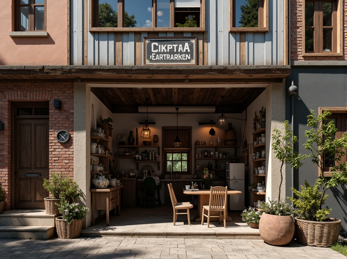 Prompt: Rustic workshop facade, distressed wooden planks, metal cladding, industrial-style windows, exposed brick walls, vintage signage, eclectic architectural details, warm earthy tones, natural stone foundations, overhanging roofs, asymmetrical composition, dramatic shadows, soft diffused lighting, 1/2 composition, realistic textures, ambient occlusion.