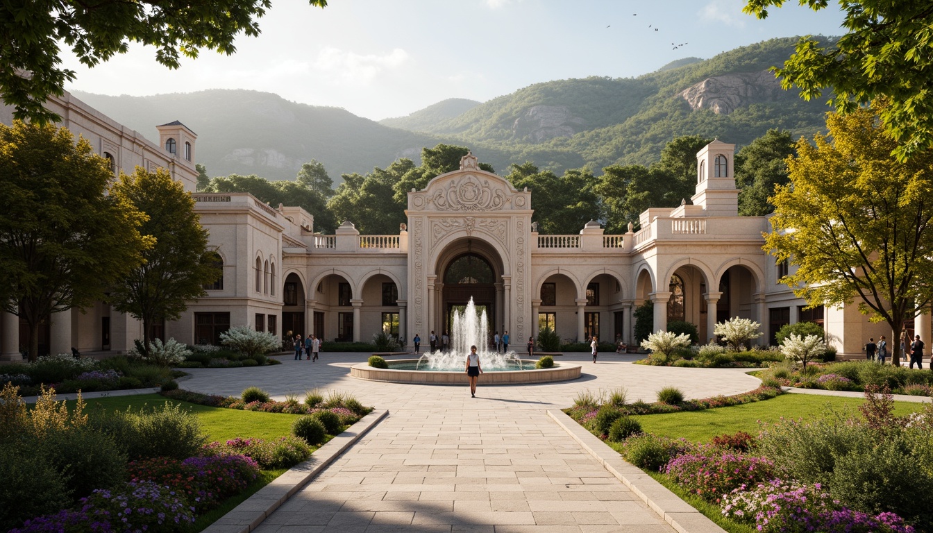 Prompt: Grand gymnasium, ornate Baroque fa\u00e7ade, sweeping arches, grandiose columns, intricate stone carvings, lavish fountains, lush greenery, vibrant flowers, majestic trees, rolling hills, serene natural surroundings, soft warm lighting, shallow depth of field, 3/4 composition, panoramic view, realistic textures, ambient occlusion, ornate iron gates, decorative lampposts, meandering walkways, tranquil atmosphere.