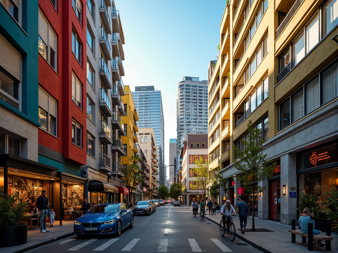 Prompt: Vibrant cityscape, modern skyscrapers, bold color blocking, contrasting hues, dynamic visual effects, urban energy, eclectic neighborhood, artistic murals, graffiti walls, trendy cafes, bustling streets, warm golden lighting, shallow depth of field, 1/1 composition, realistic textures, ambient occlusion.