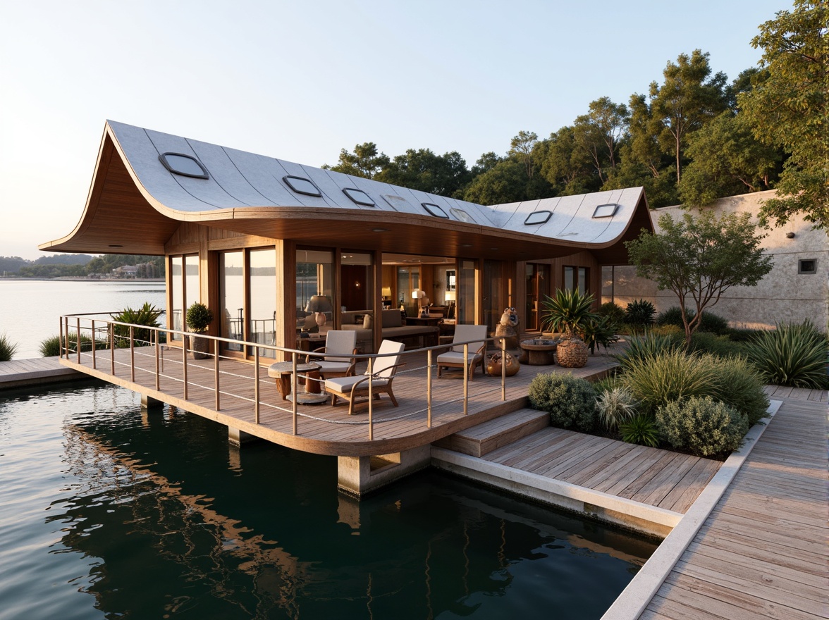 Prompt: Waterfront boathouse, international style, curved rooflines, wooden accents, nautical elements, sailboat-inspired design, rustic wood decking, rope railings, porthole windows, copper cladding, weathered steel roofing, modern minimalist interior, open-plan living area, floor-to-ceiling glass walls, panoramic lake views, soft warm lighting, shallow depth of field, 1/1 composition, realistic textures, ambient occlusion.