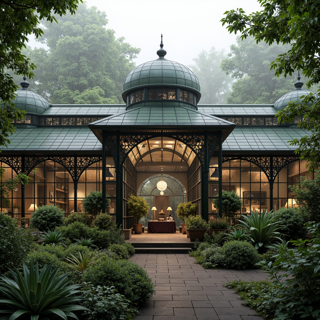 Prompt: Elegant greenhouse, ornate metal frames, lush greenery, exotic plants, Victorian-era inspired architecture, intricate glass details, curved lines, symmetrical facades, grand entranceways, decorative finials, ornamental ridges, natural stone foundations, rustic wooden accents, soft warm lighting, misty atmosphere, shallow depth of field, 1/1 composition, realistic textures, ambient occlusion.