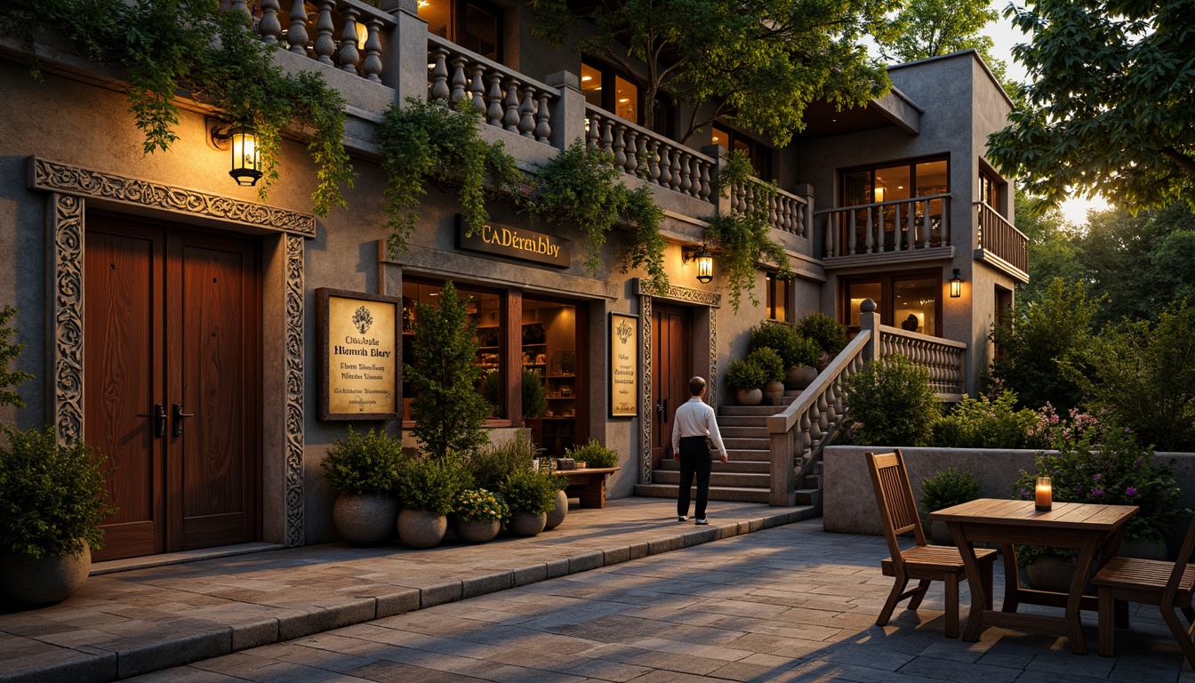 Prompt: Rustic pub exterior, Baroque-inspired fa\u00e7ade, ornate stone carvings, grand entranceways, lantern-style lighting, lush greenery, overflowing flower boxes, meandering cobblestone pathways, natural stone walls, wooden benches, vintage metal signs, warm golden lighting, soft focus, shallow depth of field, 1/2 composition, intimate atmosphere, realistic textures, ambient occlusion.