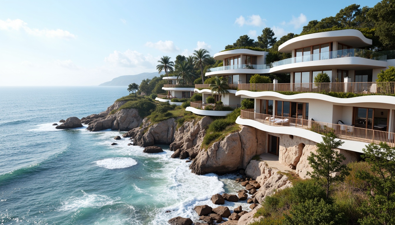 Prompt: Wave-crashing coastline, salty sea air, rugged cliffside, modern coastal architecture, undulating fa\u00e7ades, wavy balconies, ocean-inspired railings, driftwood accents, weathered wooden planks, beachy color palette, soft blue hues, creamy whites, coral pinks, large windows, sliding glass doors, natural ventilation systems, solar panels, green roofs, eco-friendly materials, cantilevered structures, dramatic overhangs, 3/4 composition, panoramic view, realistic textures, ambient occlusion.