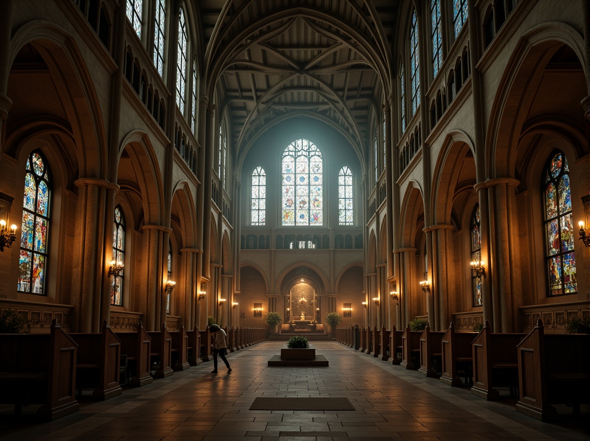 Prompt: Mysterious Gothic cathedral, khaki stone walls, ornate carvings, stained glass windows, grandiose vaulted ceilings, intricate archways, mystical ambiance, warm candlelight, eerie shadows, mysterious fog, misty atmosphere, dramatic lighting, 1/2 composition, low-angle shot, cinematic mood, rich textures, subtle grain.