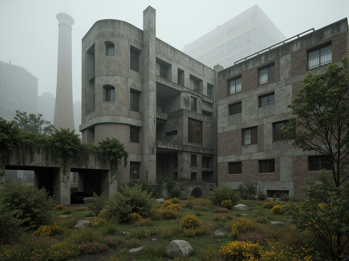 Prompt: Rugged brutalist architecture, raw concrete textures, fortress-like structures, overgrown vegetation, wildflowers, moss-covered walls, industrial landscapes, abandoned factories, crumbling brick facades, distressed metal accents, urban decay, post-apocalyptic atmosphere, dramatic lighting, low-angle shots, cinematic composition, gritty realistic renderings, atmospheric fog effects, misty mornings, eerie silence.