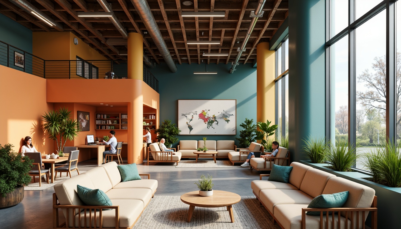 Prompt: Vibrant student lounge, bold accent walls, warm beige furniture, rich wood tones, calming blue-green hues, natural textiles, industrial metal accents, modern minimalist decor, cozy reading nooks, comfortable seating areas, abundant natural light, soft warm lighting, 1/1 composition, realistic textures, ambient occlusion.