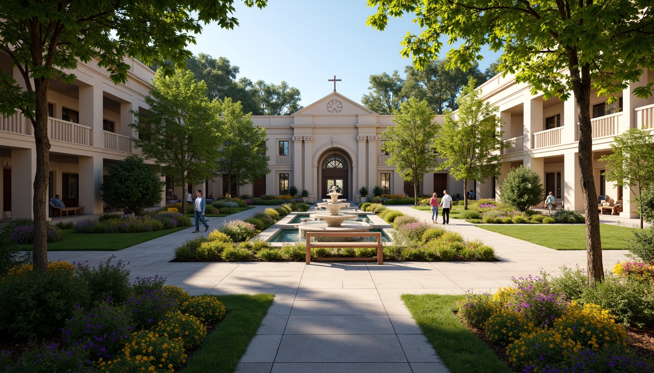 Prompt: \Serene church courtyard, lush greenery, vibrant flowers, ornate fountains, walking paths, benches, classical columns, symmetrical architecture, grand entrance, stone statues, manicured lawns, seasonal blooming plants, sunny day, soft warm lighting, shallow depth of field, 3/4 composition, panoramic view, realistic textures, ambient occlusion.\Let me know if you need any adjustments!