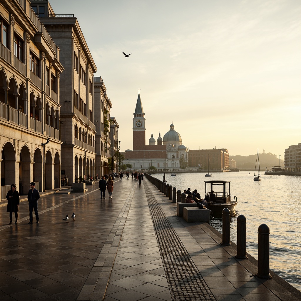 Prompt: Riverfront promenade, ornate balustrades, grandiose columns, symmetrical facades, classical arches, elegant cornices, limestone buildings, majestic clock towers, tranquil water reflections, sailboats, seagulls, misty morning atmosphere, warm golden lighting, shallow depth of field, 1/2 composition, panoramic view, realistic textures, ambient occlusion.