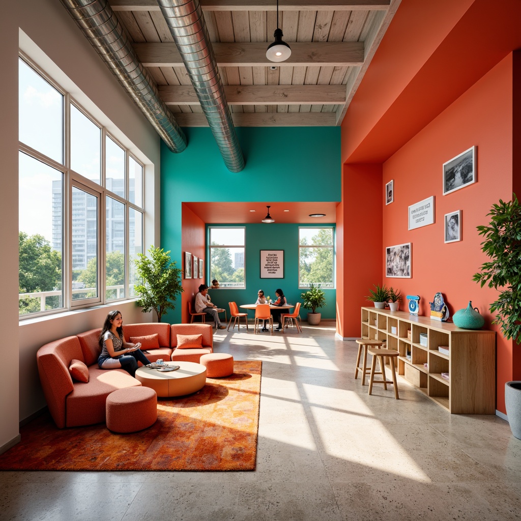 Prompt: Vibrant youth center, energetic atmosphere, bold color scheme, bright coral walls, lively turquoise accents, warm beige floors, modern minimalist furniture, sleek metal fixtures, playful patterned rugs, inspirational quotes, natural light pouring in, large windows, open spaces, collaborative zones, cozy reading nooks, dynamic lighting, shallow depth of field, 1/1 composition, realistic textures, ambient occlusion.