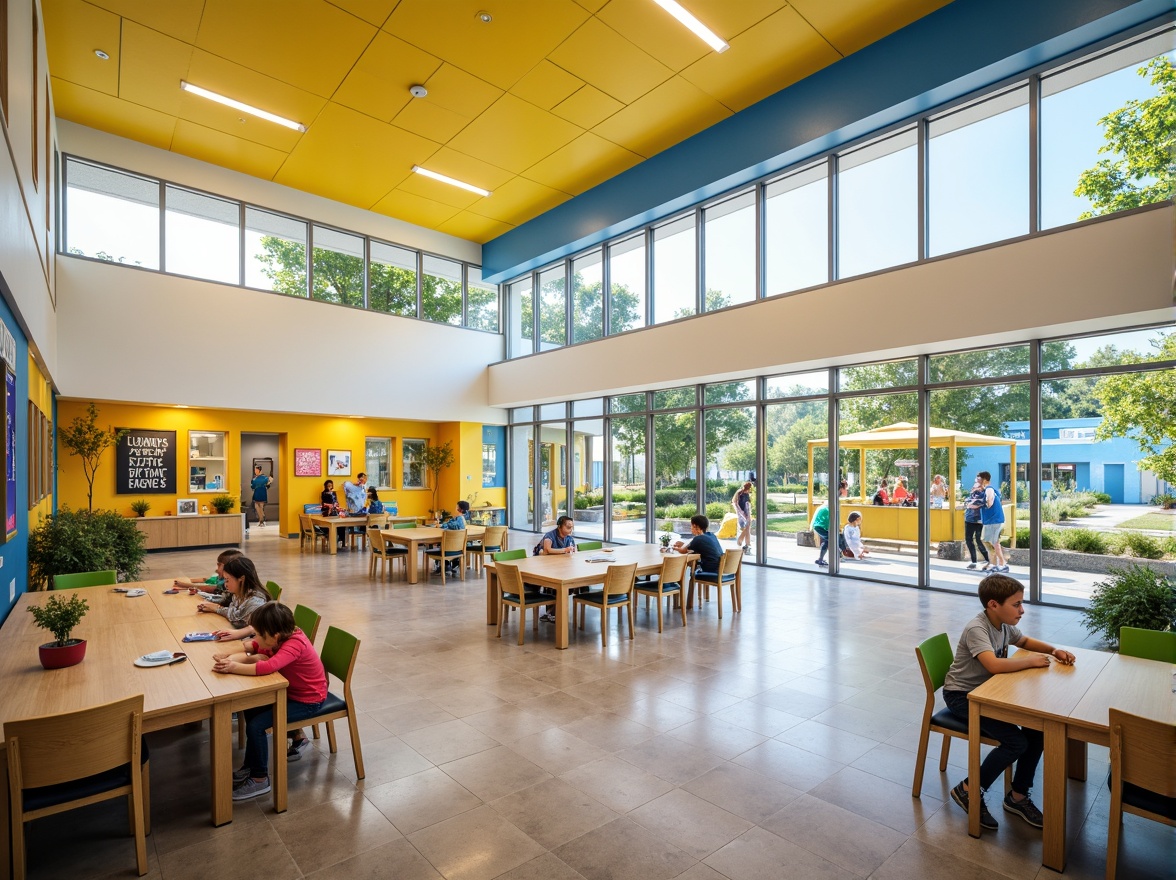 Prompt: Vibrant elementary school, modern streamline architecture, bold primary colors, bright yellow accents, calming blue tones, crisp white walls, polished wooden floors, sleek metal railings, minimalist design, abundant natural light, floor-to-ceiling windows, sliding glass doors, lush greenery, playful outdoor spaces, educational signage, inspirational quotes, motivational murals, collaborative learning areas, flexible seating arrangements, soft warm lighting, shallow depth of field, 3/4 composition, panoramic view, realistic textures, ambient occlusion.