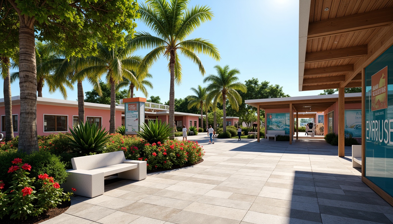 Prompt: Tropical island bus station, lush greenery, swaying palm trees, vibrant hibiscus flowers, natural stone benches, wooden shelters, nautical-themed signage, ocean-inspired murals, coral-colored buildings, modern minimalist architecture, large overhangs, shaded waiting areas, warm sunny day, soft diffused lighting, shallow depth of field, 1/1 composition, panoramic view, realistic textures, ambient occlusion.