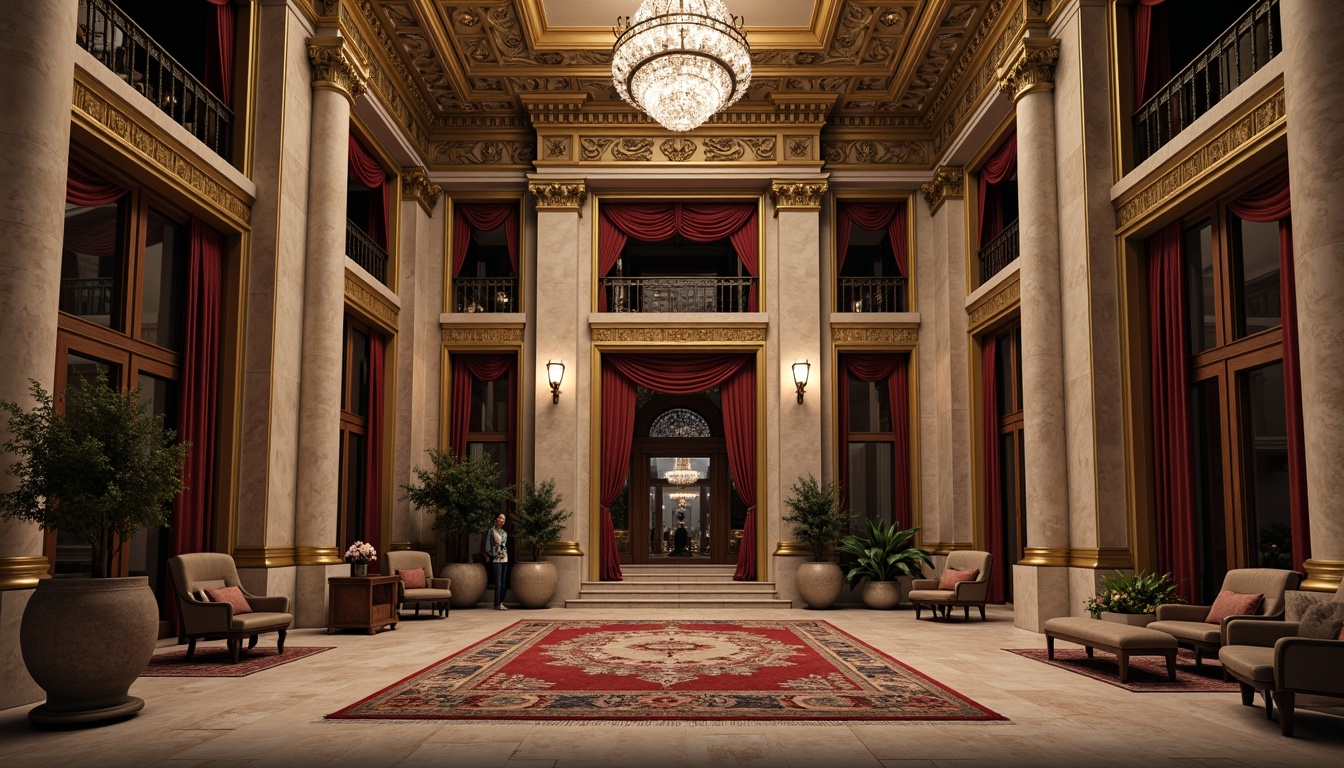 Prompt: Ornate neoclassical building, marble columns, intricately carved stone facades, ornamental metalwork, grandiose entranceways, polished wooden doors, luxurious velvet drapes, gilded frames, crystal chandeliers, richly patterned rugs, opulent furnishings, subtle warm lighting, shallow depth of field, 1/1 composition, realistic textures, ambient occlusion.