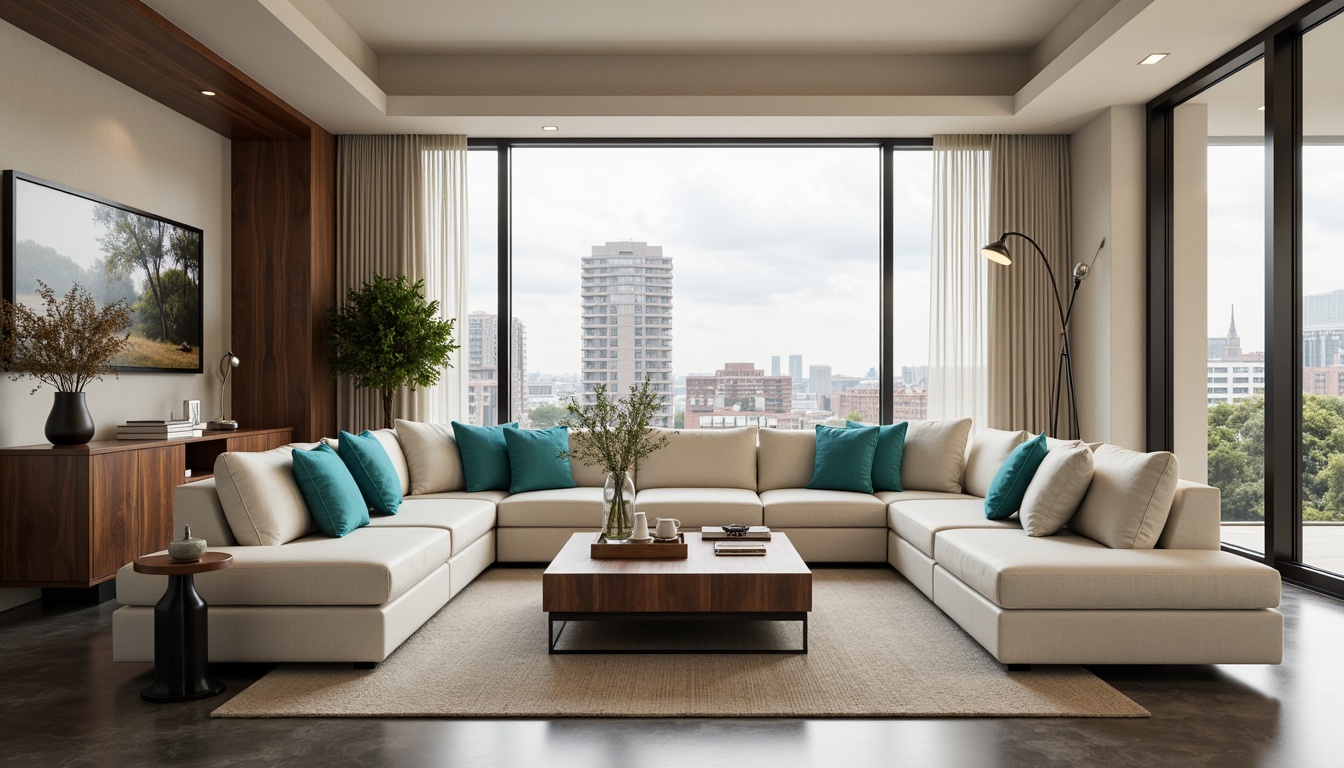 Prompt: Modern living room, sleek furniture, minimalist decor, neutral color palette, soft beige walls, rich walnut wood accents, creamy white sofas, bold black metal frames, vibrant turquoise throw pillows, natural linen textiles, industrial chic lighting fixtures, urban cityscape views, cloudy day, soft diffused light, shallow depth of field, 1/1 composition, realistic textures, ambient occlusion.