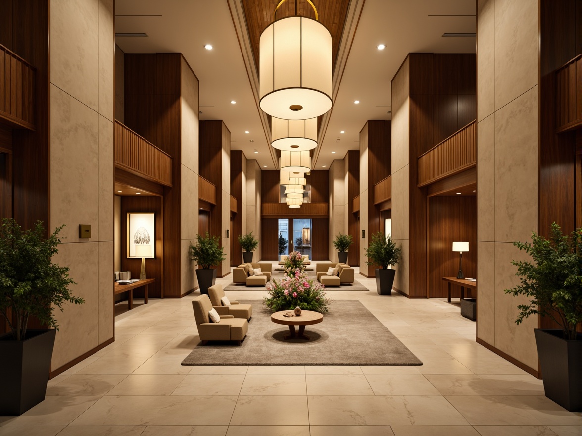 Prompt: Luxurious hotel lobby, rich wood accents, warm beige tones, soft cream hues, velvety upholstery, metallic gold fixtures, elegant chandeliers, natural stone flooring, ambient warm lighting, shallow depth of field, 3/4 composition, panoramic view, realistic textures, inviting atmosphere.