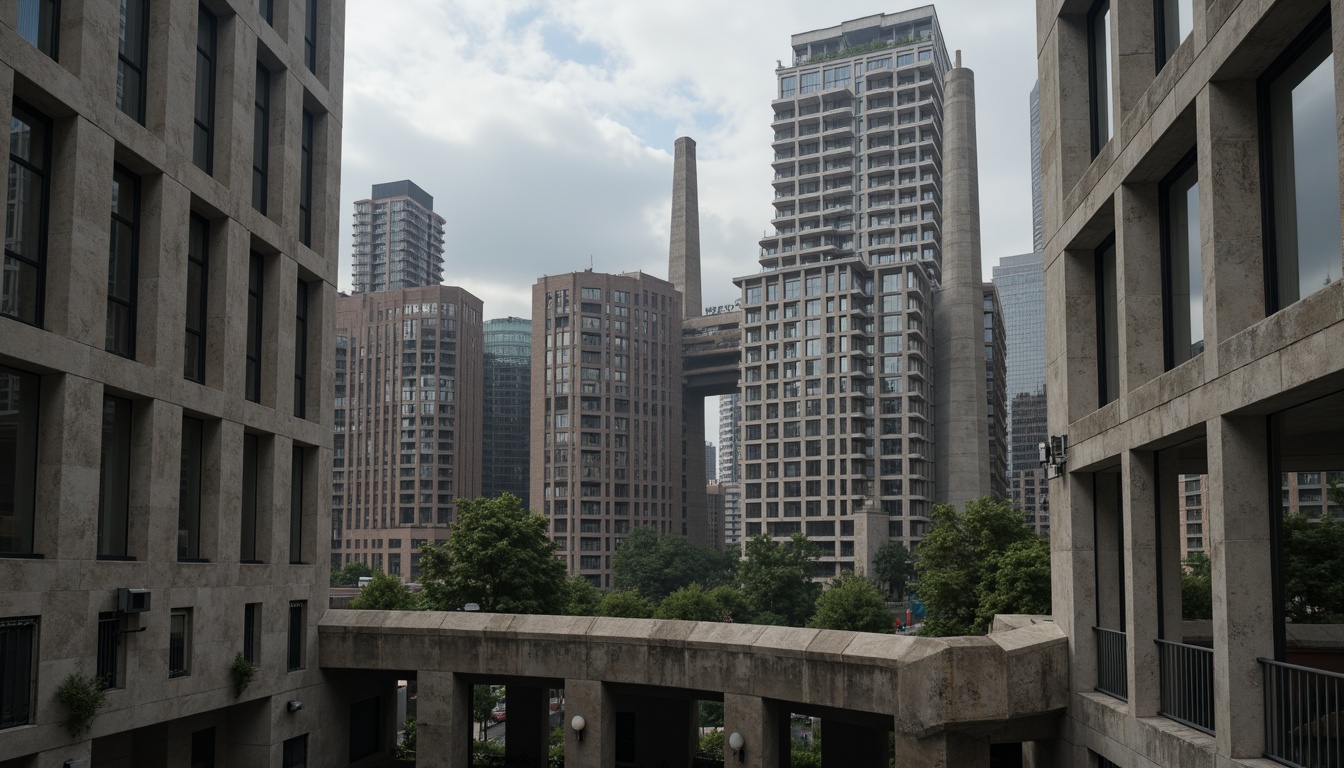 Prompt: Rugged concrete structures, brutalist architecture, fortress-like buildings, raw unfinished surfaces, exposed ductwork, industrial pipes, reinforced steel beams, geometric shapes, angular lines, monumental scale, urban cityscape, overcast skies, dramatic shadows, high-contrast lighting, cinematic composition, 2.35