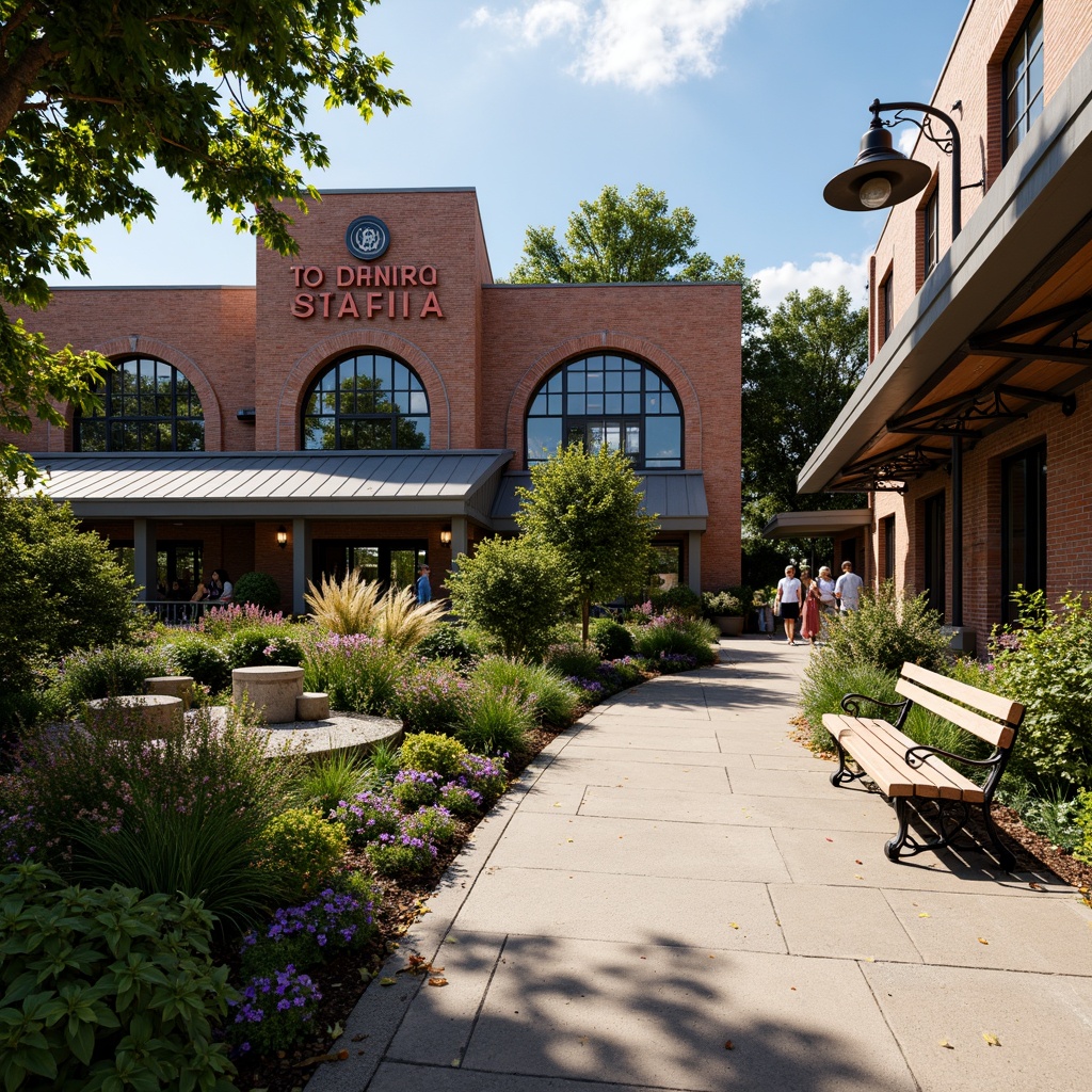 Prompt: Vibrant train station, eclectic landscaping, mixed botanicals, lush greenery, colorful flowers, ornate metal benches, intricate stonework, vintage lamp posts, industrial-chic signage, distressed brick walls, modern glass canopies, grand entrance archways, bustling urban atmosphere, warm sunny day, soft natural lighting, shallow depth of field, 1/2 composition, realistic textures, ambient occlusion.