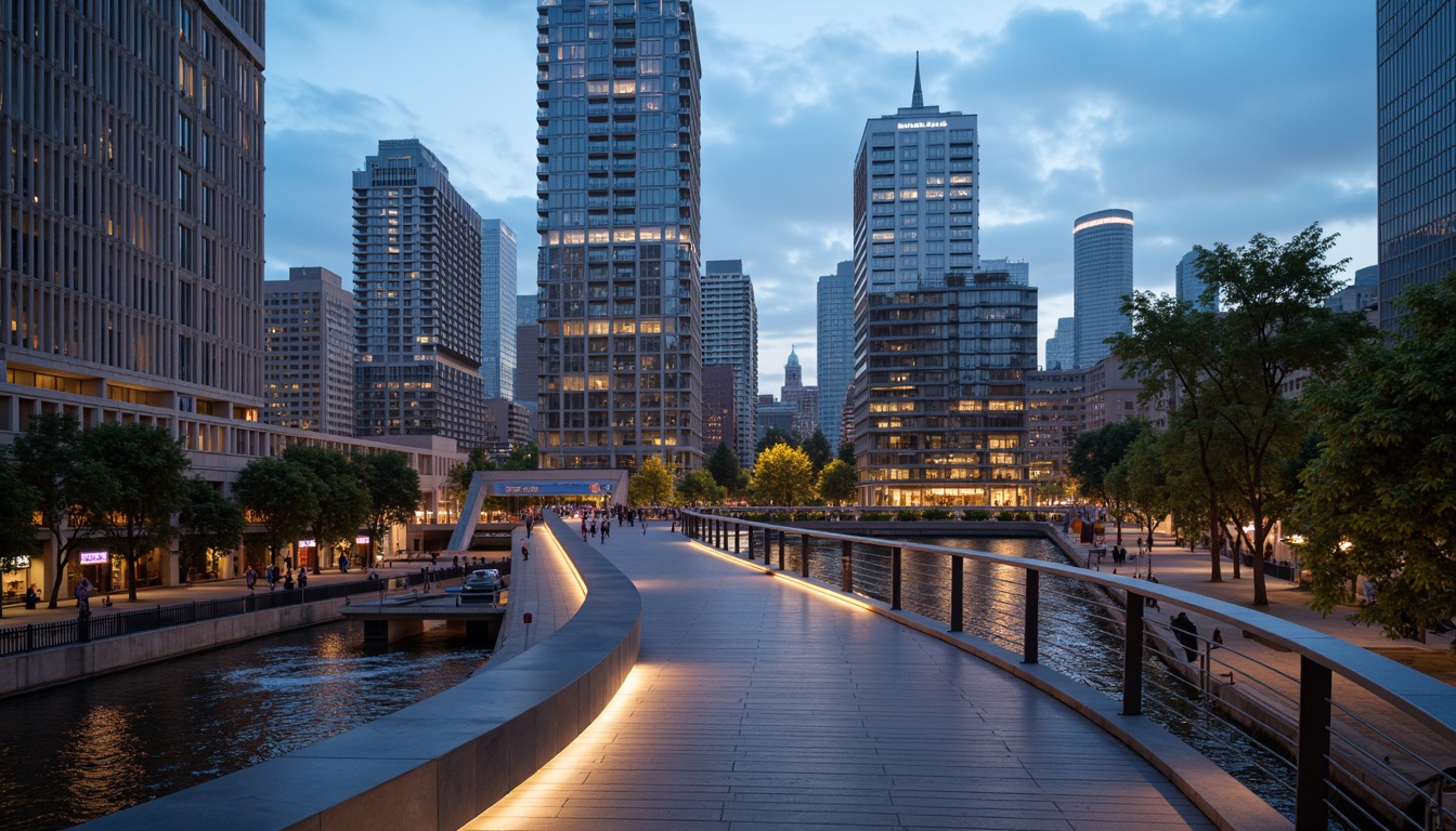 Prompt: Curved pedestrian bridge, sleek metal railings, wooden decking, modern urban landscape, city skyline, vibrant streetlights, bustling streets, dynamic structural elements, cantilevered sections, suspension cables, geometric shapes, minimalist design, functional lighting, safety features, accessible ramps, staircases, observation decks, panoramic views, realistic textures, ambient occlusion, shallow depth of field, 3/4 composition.