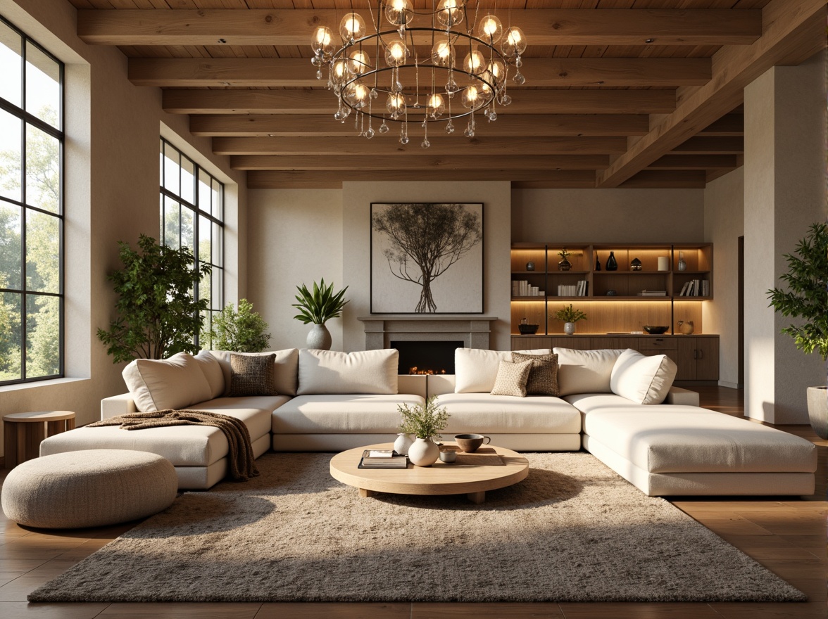 Prompt: Cozy living room, plush sofas, warm beige walls, rich wood flooring, modern minimalist decor, floor-to-ceiling windows, natural light pouring in, comfortable reading nooks, soft warm lighting, textured throw blankets, vibrant greenery, elegant chandeliers, sleek coffee tables, functional storage solutions, ergonomic furniture design, calming color palette, inviting atmosphere, 1/1 composition, shallow depth of field, realistic textures.