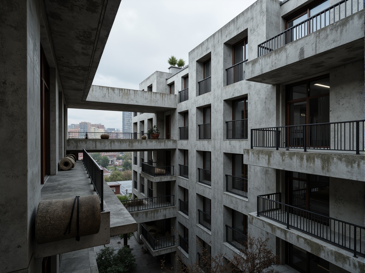 Prompt: Exposed concrete walls, rugged textures, industrial pipes, raw steel beams, minimalist balconies, brutalist architecture, urban cityscape, gloomy overcast sky, dramatic shadows, high-contrast lighting, bold geometric forms, functional simplicity, distressed finishes, poured-in-place concrete, cold monochromatic color palette, 1/1 composition, low-angle shot, cinematic atmosphere, gritty realistic textures.