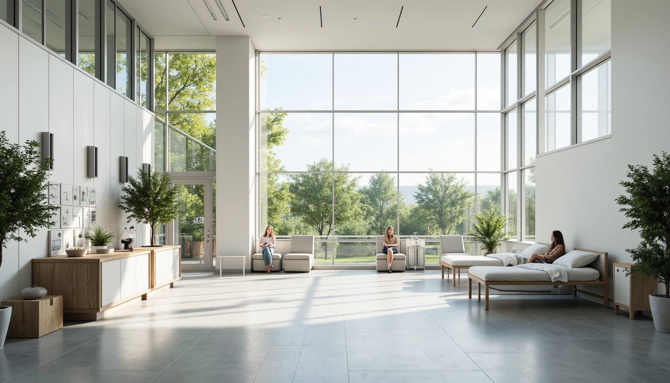 Prompt: Minimalist hospital interior, abundant natural light, floor-to-ceiling windows, sleek metal frames, polished concrete floors, calming white walls, sparse greenery, modern medical equipment, stainless steel surfaces, subtle ambient lighting, soft warm color palette, shallow depth of field, 1/1 composition, realistic textures, ambient occlusion, serene atmosphere, peaceful waiting areas, comfortable patient rooms, efficient nurse stations.