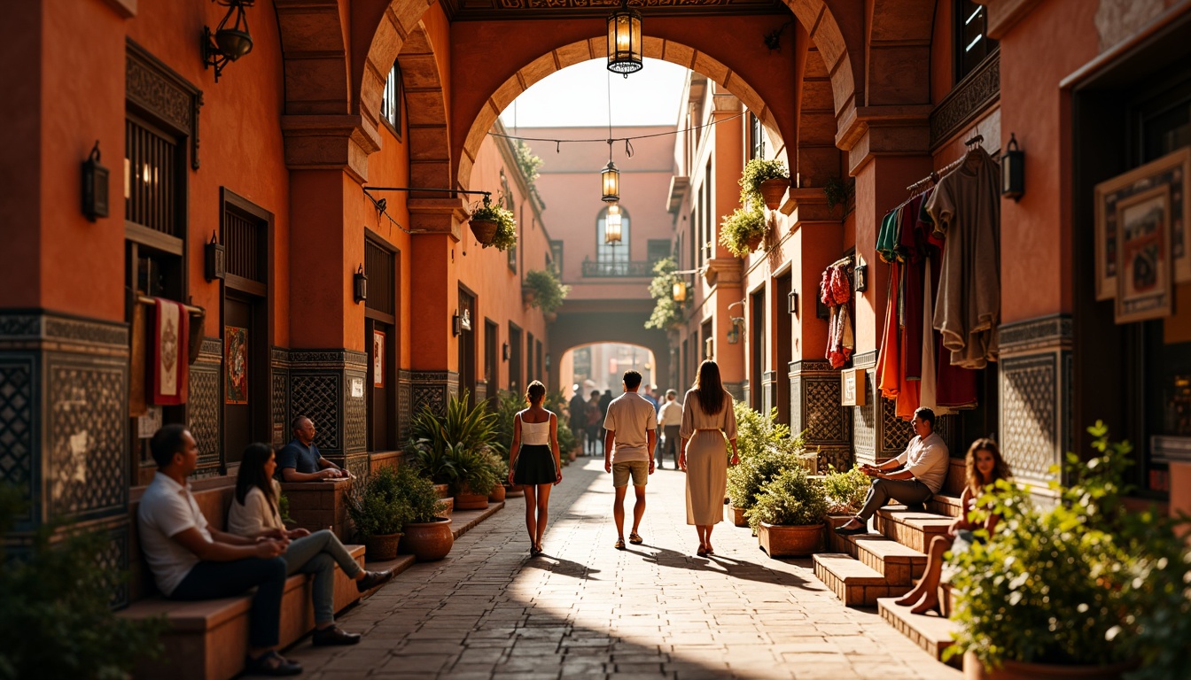 Prompt: Vibrant Moroccan souk, warm terracotta walls, intricately patterned tiles, ornate Islamic architecture, bustling marketplace atmosphere, richly colored fabrics, golden lighting, shallow depth of field, 3/4 composition, panoramic view, realistic textures, ambient occlusion.