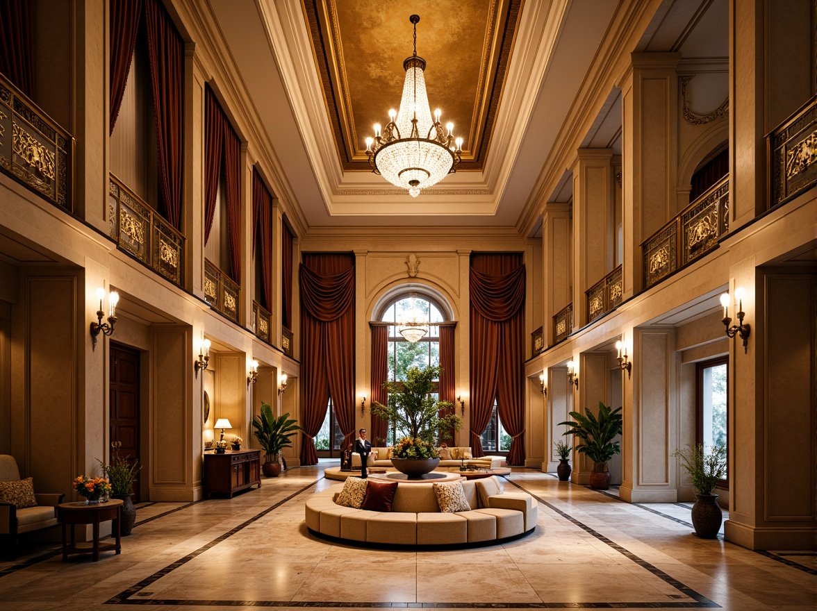 Prompt: Grand hotel lobby, high ceilings, ornate chandeliers, marble floors, Corinthian columns, intricate moldings, gilded details, luxurious furnishings, velvet drapes, crystal sconces, rich wood paneling, elegant staircases, spacious ballrooms, lavish amenities, warm golden lighting, shallow depth of field, 1/1 composition, symmetrical framing, realistic textures, ambient occlusion.