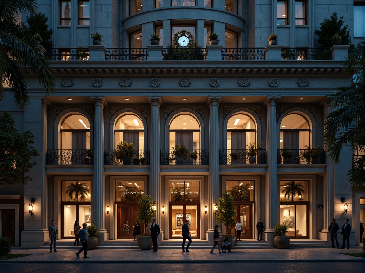 Prompt: Grandiose skyscraper, neoclassical facade, ornate columns, carved stone details, symmetrical composition, grand entrance, bronze doors, elegant balconies, intricate moldings, limestone walls, tall windows, subtle arches, ornamental railings, majestic clock tower, dramatic nighttime lighting, cinematic atmosphere, 1/2 composition, low-angle shot, realistic reflections, ambient occlusion.