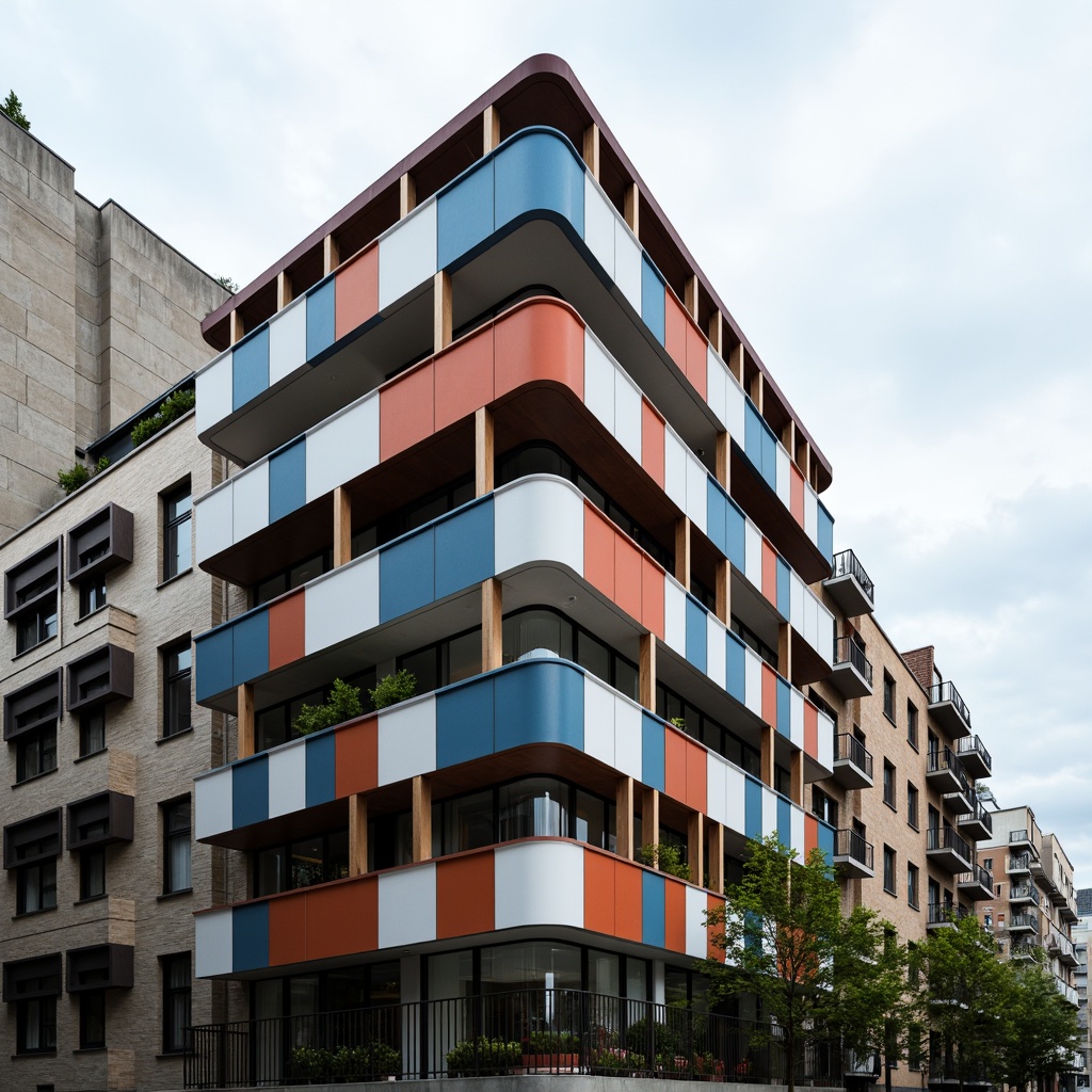 Prompt: Geometric building facade, rectangular forms, primary color scheme, industrial materials, steel frames, glass windows, minimalist ornamentation, functional simplicity, clean lines, right angles, asymmetrical composition, urban cityscape, cloudy sky, soft diffused lighting, shallow depth of field, 2/3 composition, realistic textures, ambient occlusion.