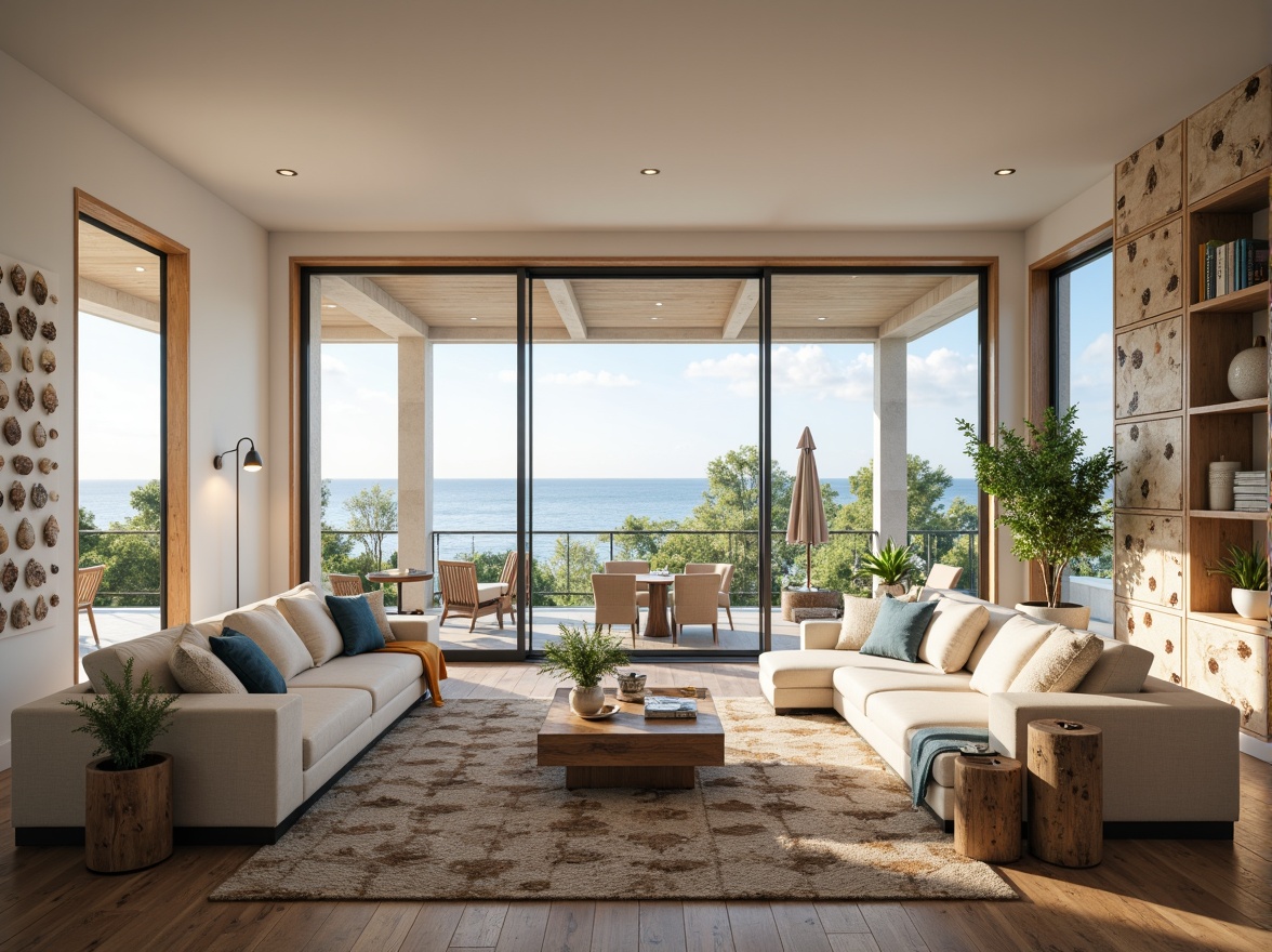 Prompt: Coastal living room, ocean-inspired color palette, driftwood accents, natural textiles, woven sea grass furniture, coral-patterned rugs, shell-adorned decorative walls, floor-to-ceiling windows, sliding glass doors, panoramic ocean views, soft warm lighting, beachy ambiance, minimalist decor, nautical-themed accessories, distressed wood flooring, plush sectional sofas, built-in shelving units, tropical plants, calming atmosphere, 1/1 composition, realistic reflections, ambient occlusion.