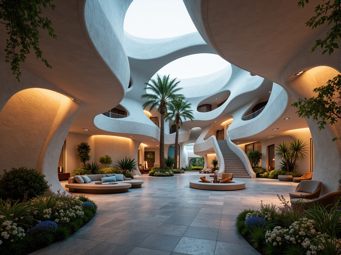 Prompt: Organic blob-shaped buildings, futuristic architecture, iridescent colors, glowing accents, undulating walls, fluid-like furniture, soft pulsing lighting, misty atmosphere, lush greenery, hanging plants, natural stone floors, polished metal surfaces, minimalist decor, cozy reading nooks, curved staircases, panoramic windows, 1/1 composition, shallow depth of field, warm color palette, ambient occlusion.