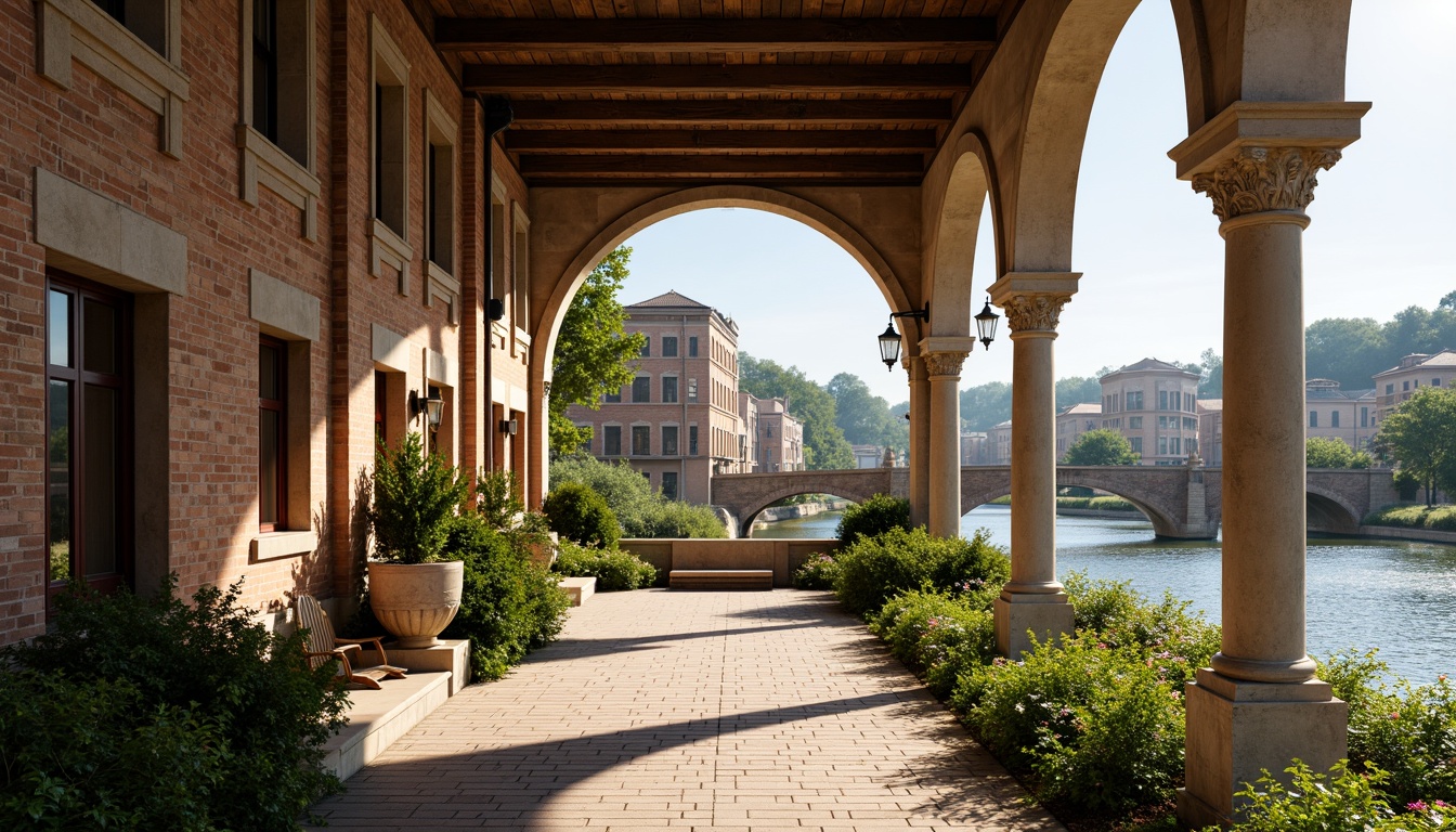 Prompt: Elegant archways, ornate stone carvings, rustic brick facades, grandiose bridge structures, serene water reflections, lush greenery, vibrant flowers, majestic river views, sunny day, soft warm lighting, shallow depth of field, 3/4 composition, panoramic view, realistic textures, ambient occlusion, Renaissance-inspired ornateness, classical columns, symmetrical architecture, harmonious proportions, intricate stonework, weathered copper details, ornamental lanterns.