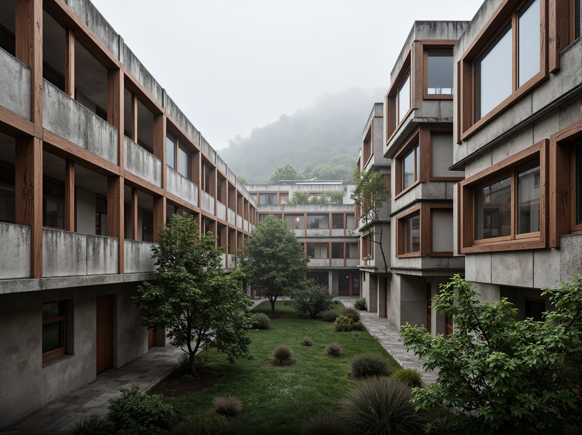 Prompt: Rugged concrete buildings, brutalist architecture, raw industrial textures, exposed ductwork, bold color blocks, earthy tones, weathered steel accents, distressed wood elements, urban campus setting, dense foliage surroundings, misty morning atmosphere, softbox lighting, 1/2 composition, cinematic depth of field, realistic material rendering.