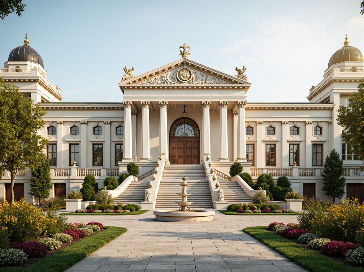 Prompt: Grandiose neoclassical building, symmetrical facade, ornate columns, intricately carved architraves, imposing entrance, sweeping staircases, majestic domes, gleaming white marble, polished bronze details, harmonious proportions, perfect bilateral symmetry, classical orders, Corinthian capitals, ionic volutes, rusticated bases, grand central axis, formal gardens, manicured lawns, ornamental fountains, vibrant flower arrangements, warm golden lighting, shallow depth of field, 1/1 composition, frontal view, realistic textures, ambient occlusion.