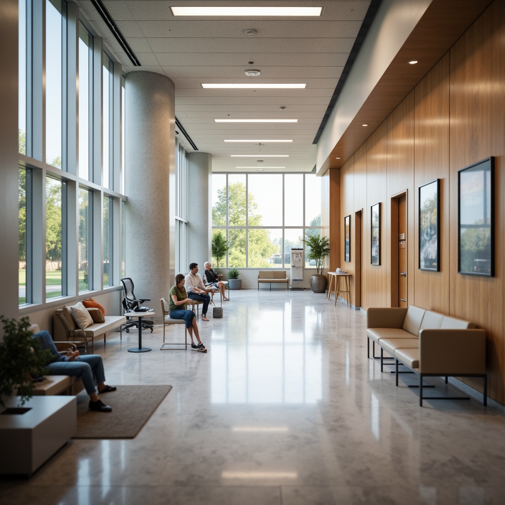 Prompt: Sleek hospital corridors, polished floors, minimalist decor, calming color schemes, natural light, floor-to-ceiling windows, modern medical equipment, stainless steel surfaces, ergonomic furniture, comfortable waiting areas, soothing artwork, subtle textures, ambient lighting, shallow depth of field, 1/1 composition, realistic renderings, soft focus, warm color tones, peaceful atmosphere.