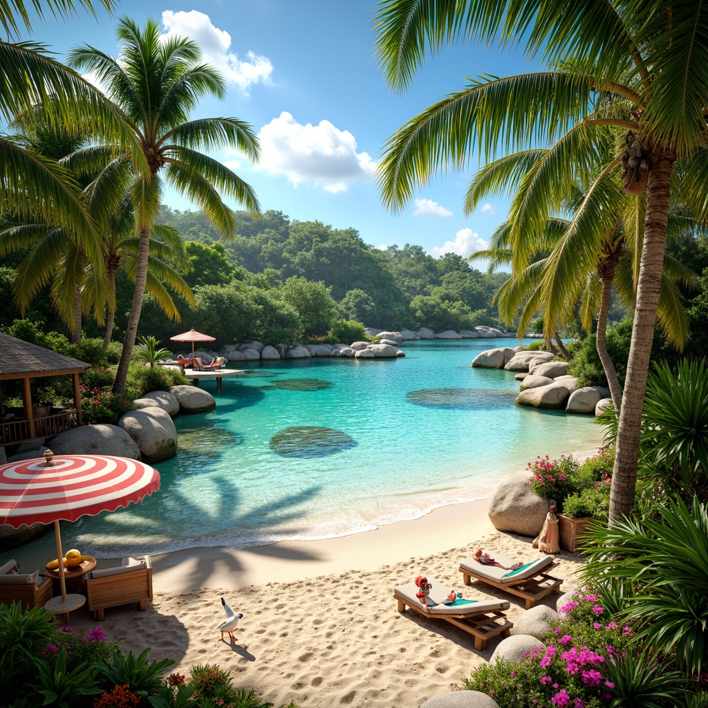 Prompt: Vibrant tropical island, lush green palm trees, exotic floral arrangements, bright coral reefs, turquoise ocean waves, warm sandy beaches, colorful beach balls, striped umbrellas, rustic wooden docks, vibrant tiki torches, eclectic surfboard decorations, playful seagulls, sunny day, soft warm lighting, shallow depth of field, 1/1 composition, realistic textures, ambient occlusion.