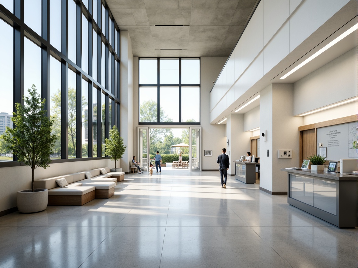 Prompt: Minimalist hospital interior, abundant natural light, floor-to-ceiling windows, sleek metal frames, polished concrete floors, calming white walls, sparse greenery, modern medical equipment, stainless steel surfaces, subtle ambient lighting, soft warm color palette, shallow depth of field, 1/1 composition, realistic textures, ambient occlusion, serene atmosphere, peaceful waiting areas, comfortable patient rooms, efficient nurse stations.