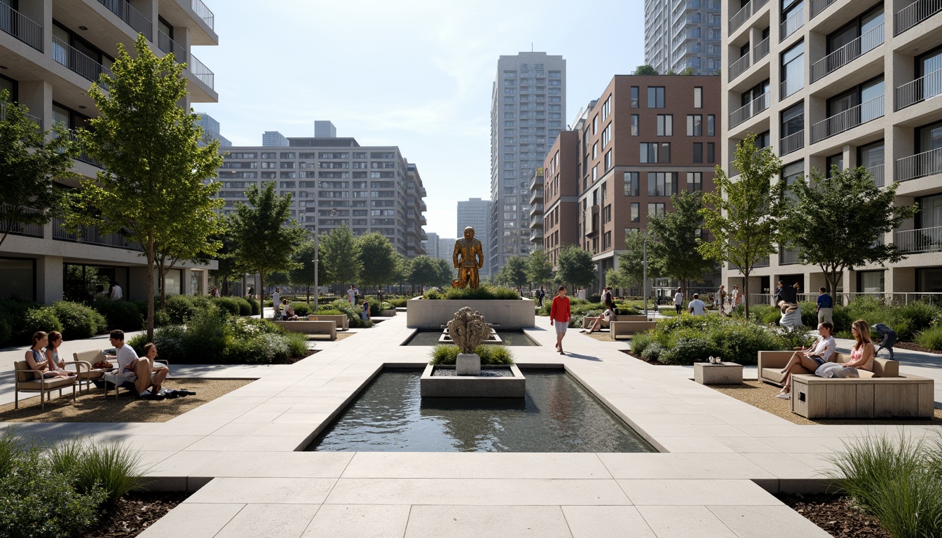 Prompt: Geometric gardens, asymmetrical planters, industrial metal benches, minimalist water features, modernist sculptures, abstract concrete pathways, functionalist building facades, rectangular windows, flat roofs, monochromatic color schemes, bold typography, urban cityscape, sunny day, high contrast lighting, shallow depth of field, 2/3 composition, symmetrical framing, realistic textures, ambient occlusion.