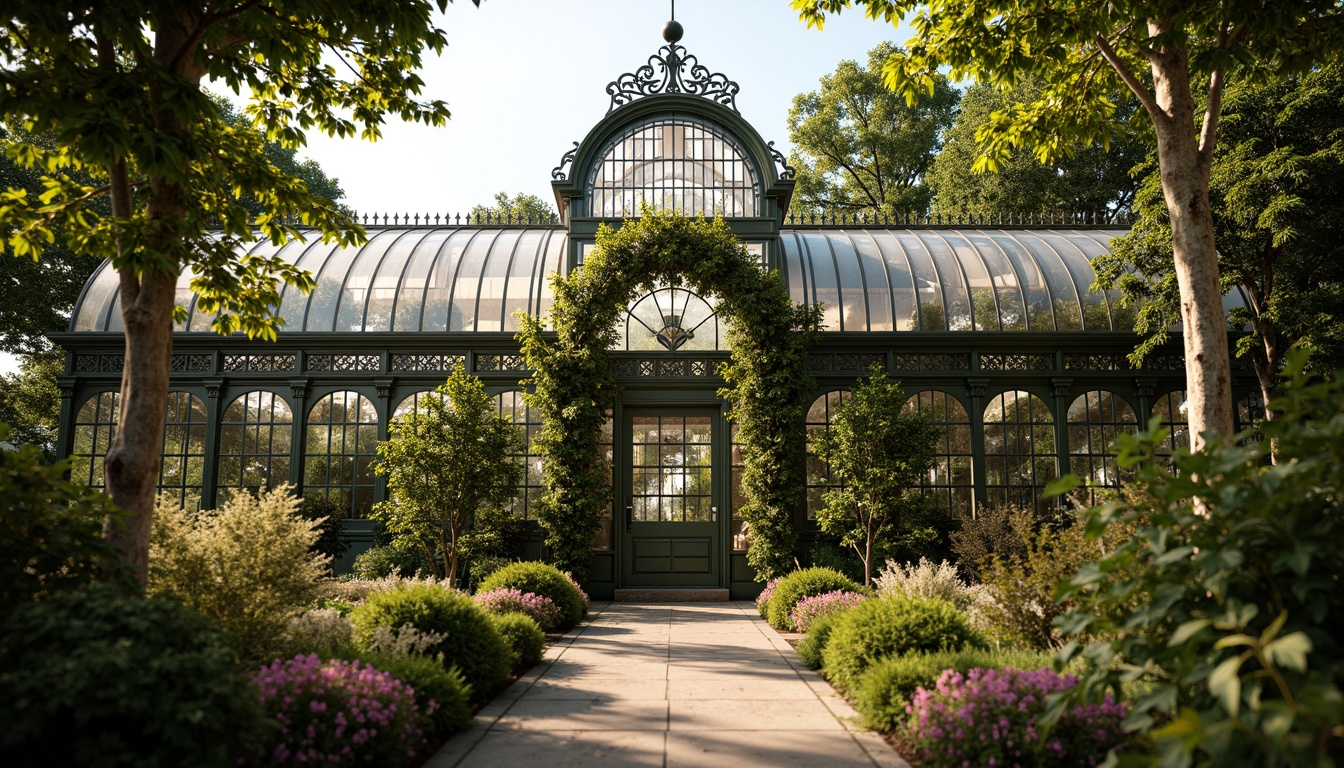 Prompt: Ornate greenhouse facade, lush greenery, elegant Victorian-era details, curved glass roofs, intricate metal frameworks, ornamental ironwork, soft natural light, warm earthy tones, rustic stone walls, climbing vines, blooming flowers, serene atmosphere, shallow depth of field, 1/1 composition, realistic textures, ambient occlusion.