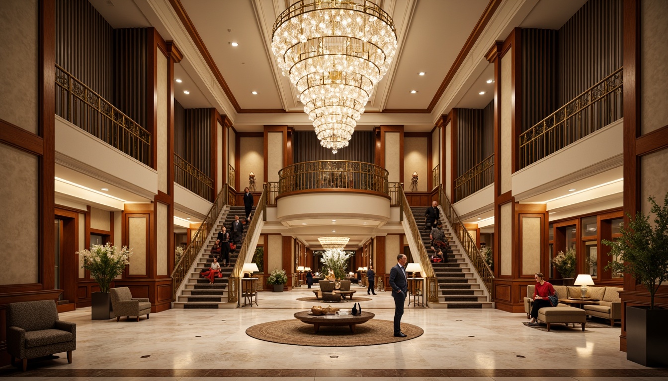 Prompt: Grand hotel lobby, high ceilings, ornate chandeliers, marble floors, symmetrical layout, classical columns, intricate moldings, luxurious furnishings, velvet drapes, golden accents, elegant staircases, spacious ballrooms, crystal chandeliers, refined wood paneling, sophisticated color palette, soft warm lighting, shallow depth of field, 1/1 composition, realistic textures, ambient occlusion.