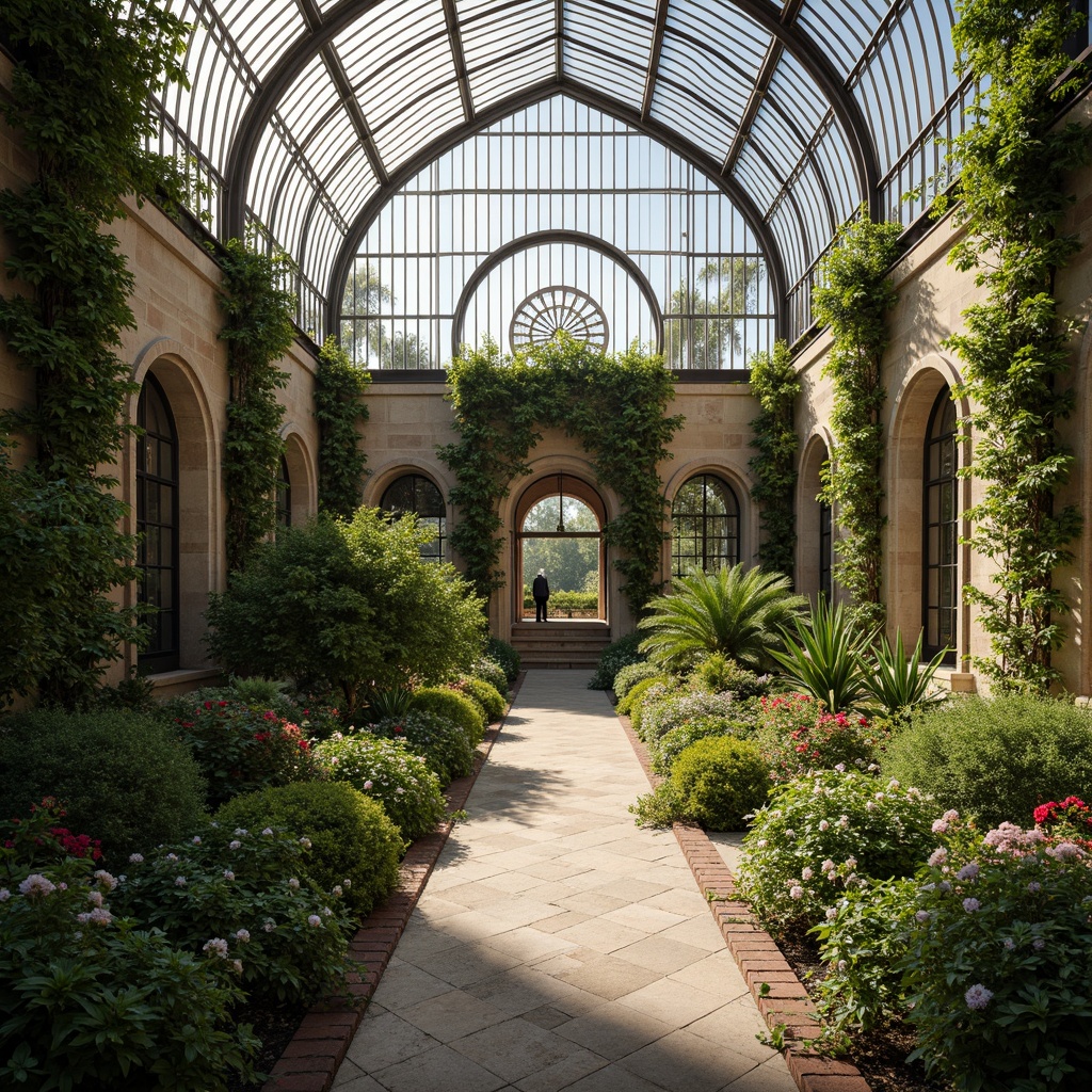 Prompt: Elegant greenhouse, lush greenery, ornate iron frames, Victorian-era inspired architecture, grand entranceways, symmetrical facades, rustic stone walls, curved glass roofs, natural ventilation systems, misting irrigation systems, tropical plants, exotic flowers, soft warm lighting, shallow depth of field, 1/1 composition, panoramic view, realistic textures, ambient occlusion, serene atmosphere, peaceful ambiance.