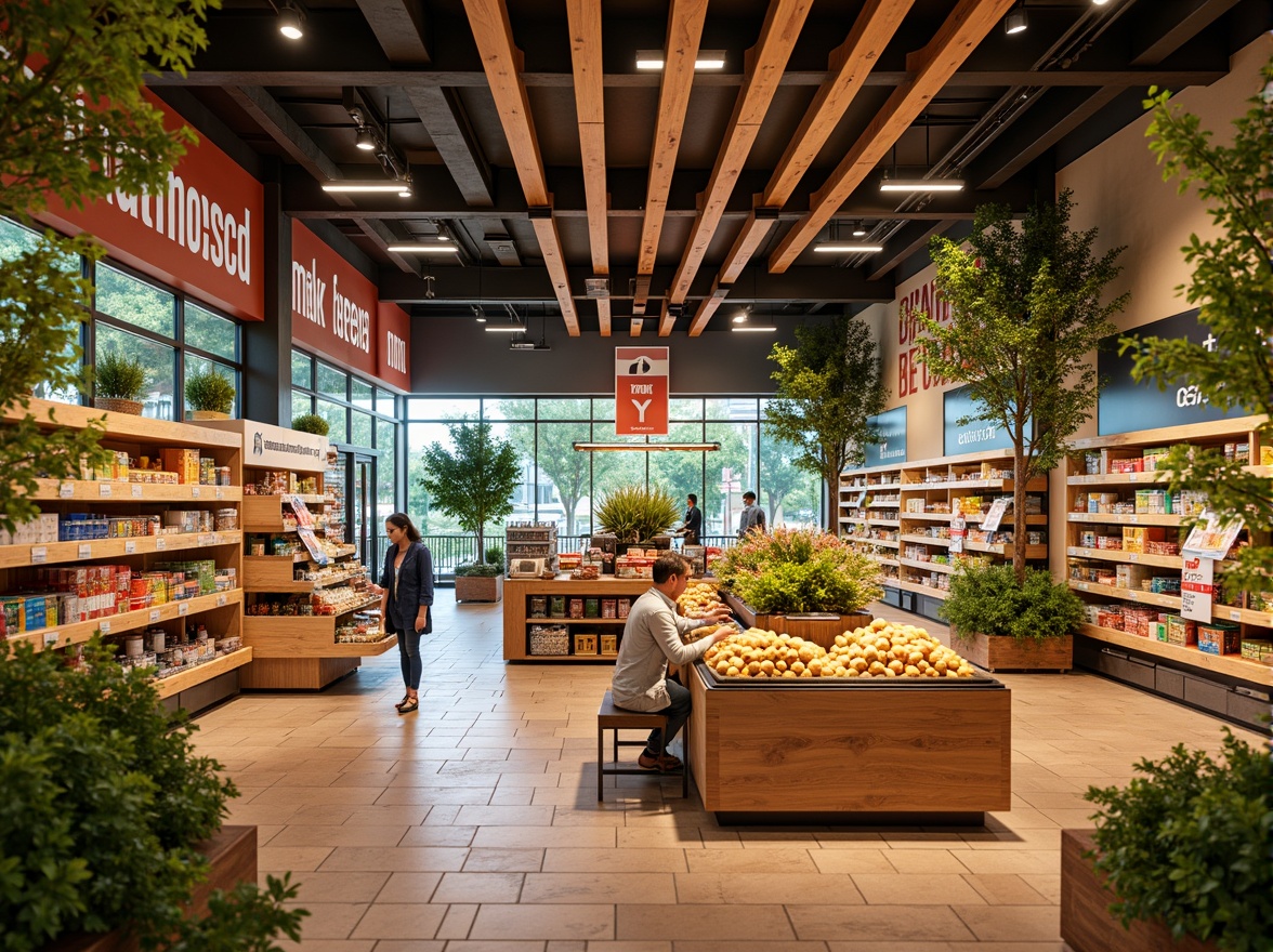 Prompt: Vibrant grocery store interior, warm beige walls, rich wood accents, fresh greenery, natural stone flooring, earthy terracotta tiles, bright LED lighting, colorful product displays, modern shelving units, sleek metal fixtures, bold signage, lively orange and yellow hues, calming blue tones, inviting atmosphere, shallow depth of field, 1/1 composition, realistic textures, ambient occlusion.