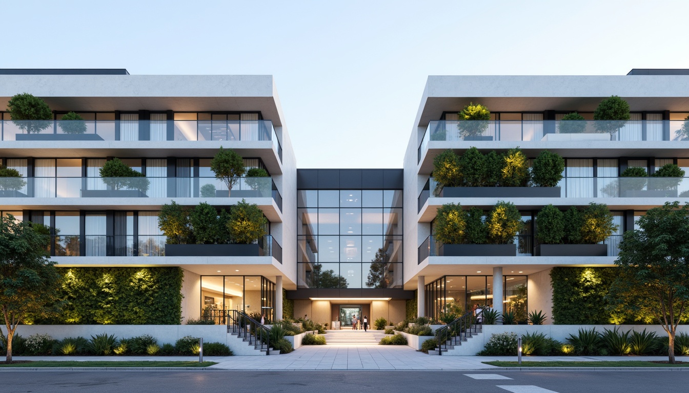 Prompt: Clean hospital facade, minimalist architecture, simple rectangular forms, flat roofs, neutral color palette, large glass windows, metal frames, subtle shading devices, vertical green walls, living walls, natural stone cladding, smooth concrete surfaces, hidden LED lighting, soft ambient illumination, 1/1 composition, symmetrical balance, realistic materials, subtle texture variations.