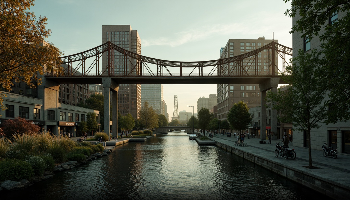 Prompt: Rustic steel bridges, industrial-era aesthetic, weathered metal textures, earthy tones, muted greens, blues and grays, warm golden lighting, misty atmospheric effects, dramatic shadows, 3/4 composition, cinematic view, realistic reflections, ambient occlusion, urban cityscape, riverbank setting, lush vegetation, natural stone piers, modern architectural elements, sleek cable systems.