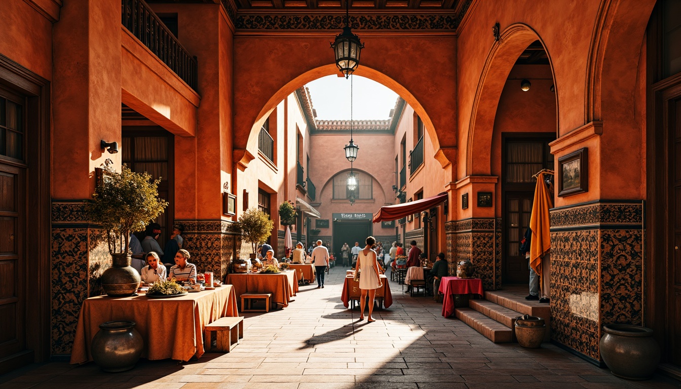 Prompt: Vibrant Moroccan souk, warm terracotta walls, intricately patterned tiles, ornate Islamic architecture, bustling marketplace atmosphere, richly colored fabrics, golden lighting, shallow depth of field, 3/4 composition, panoramic view, realistic textures, ambient occlusion.